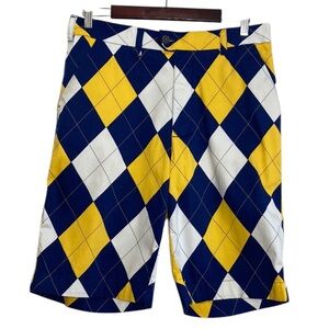 Loudmouth Shorts Mens 32 x 11 Yellow Blue White Argyle Print Cotton Golf Chinos